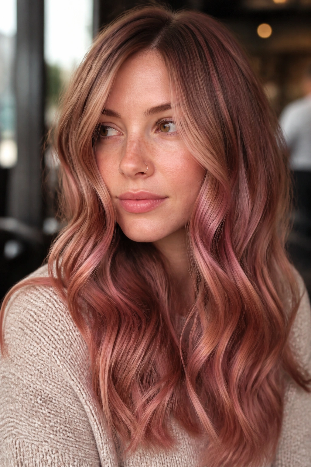 Close-up portrait of a woman with rose cinnamon melt hair and soft root melt