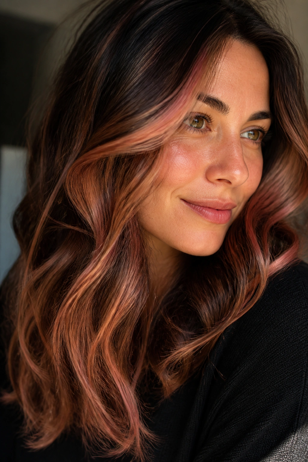 Close-up of brown hair with rose copper balayage