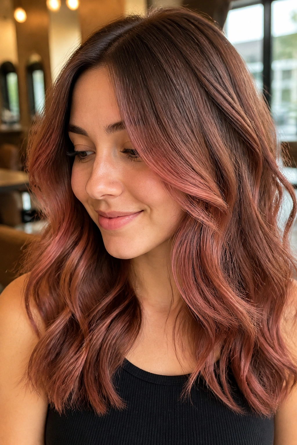 Close-up of a real person with rose copper balayage.