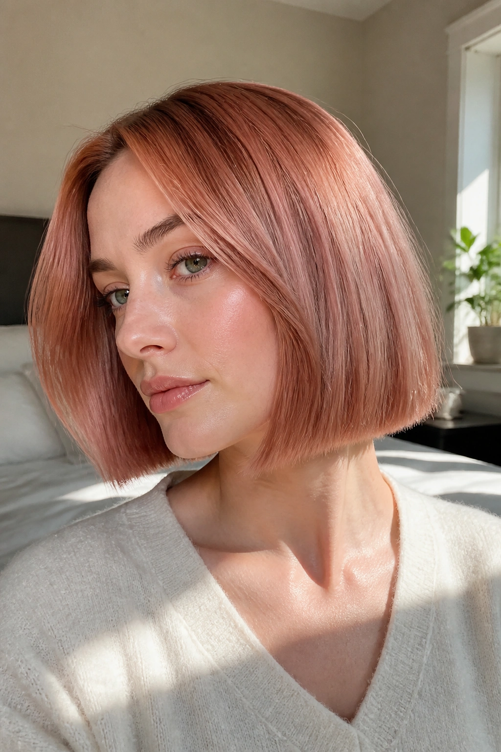 Close-up portrait of a real woman with a jaw-length rose copper bob on cool skin tones, soft pink-rose gloss