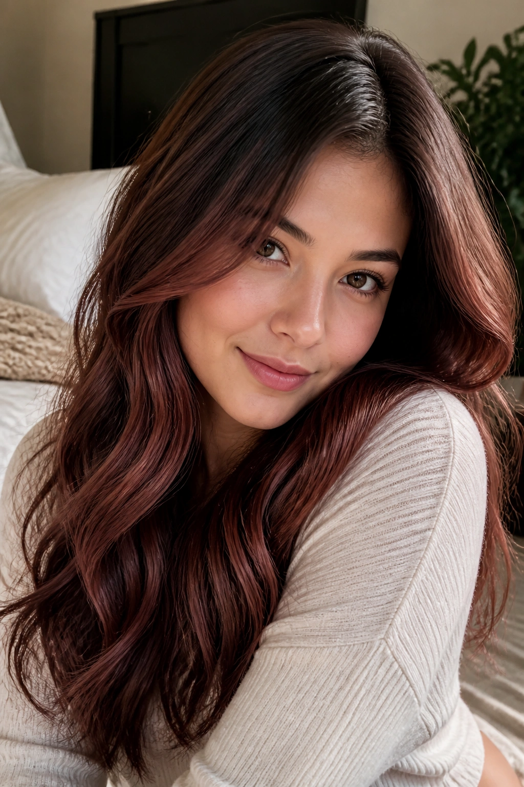 Close-up of a real woman with rose-copper brown blend on chestnut hair.