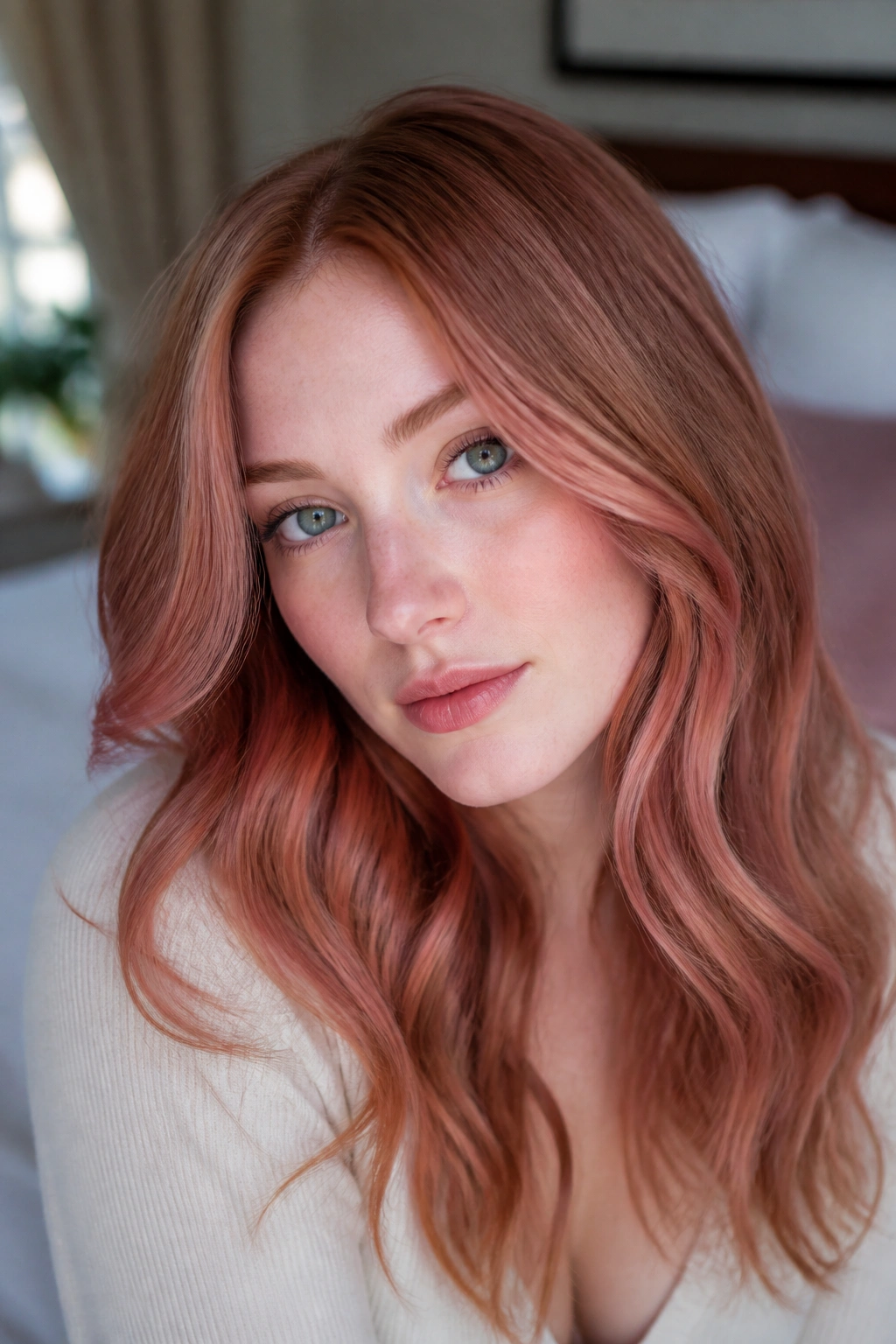 Close-up portrait of a woman with soft rose copper hair for cool skin tones