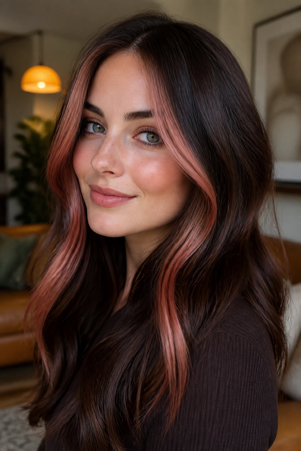 Close-up of brunette hair with Rose Copper Money Piece framing the face