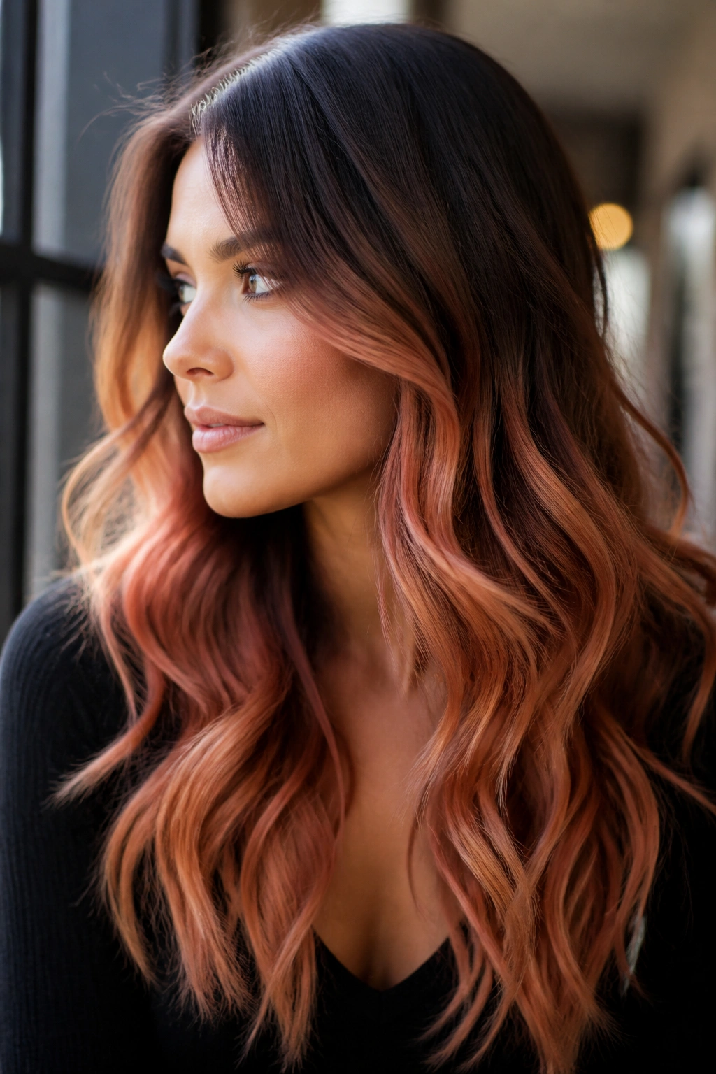 Portrait of a real woman with rose copper ombre and soft waves by a window