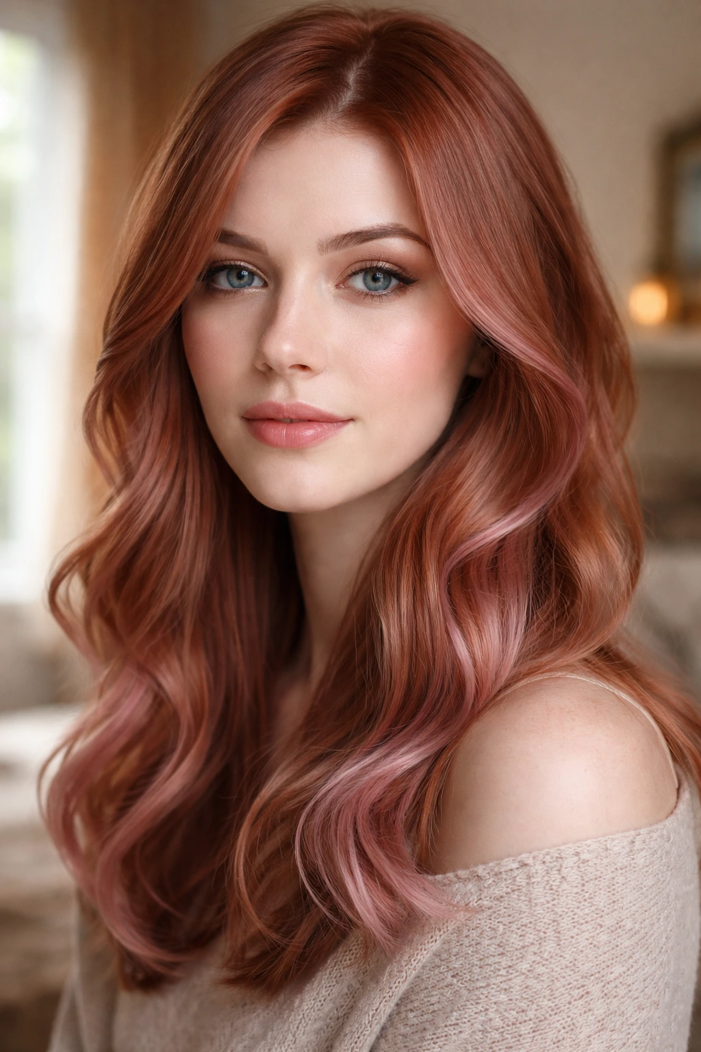 Close-up portrait of a person with rose copper hair and pink edge.