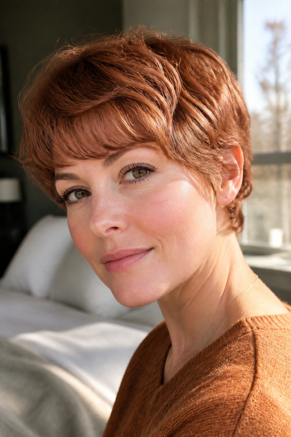 Close-up portrait of a real woman with rose copper pixie cut and soft sides in warm window light