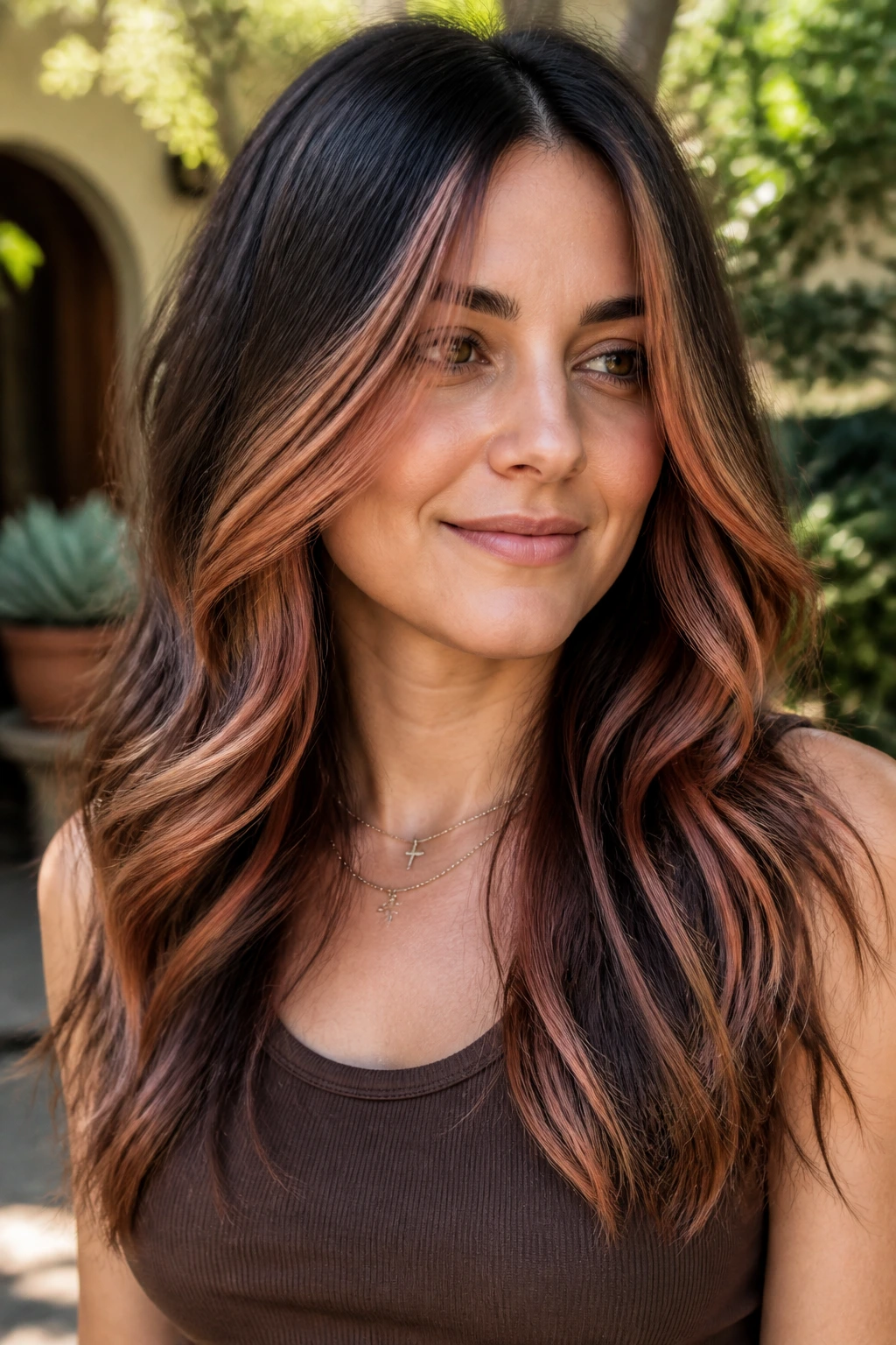 Close-up portrait of a real woman with rose copper ribbon highlights in brunette hair.