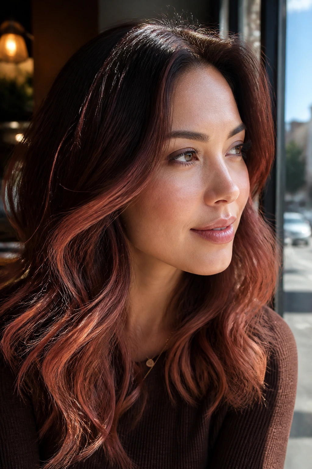 Close-up of a real woman with rose-copper sheen on chestnut brown hair catching daylight.