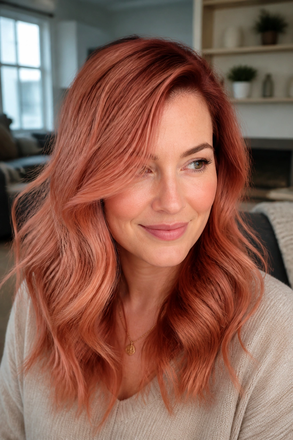 Close-up of a real woman with rose copper waves and an off-center part