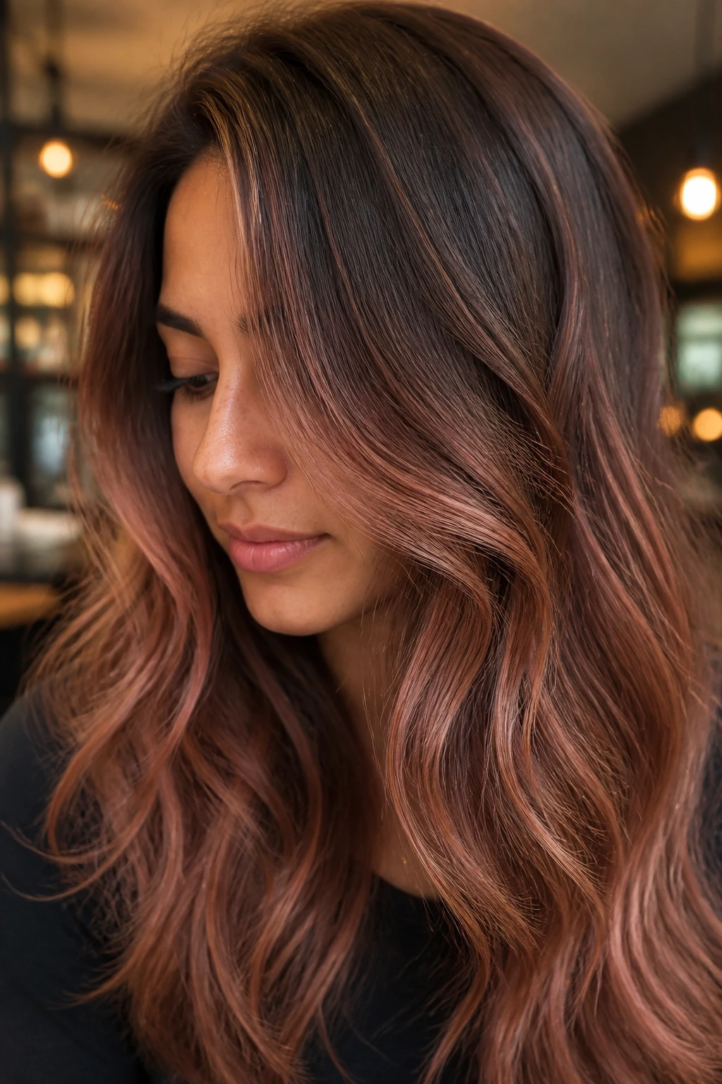 Close-up portrait of a real woman with rose-edged reverse balayage on honey brown hair.