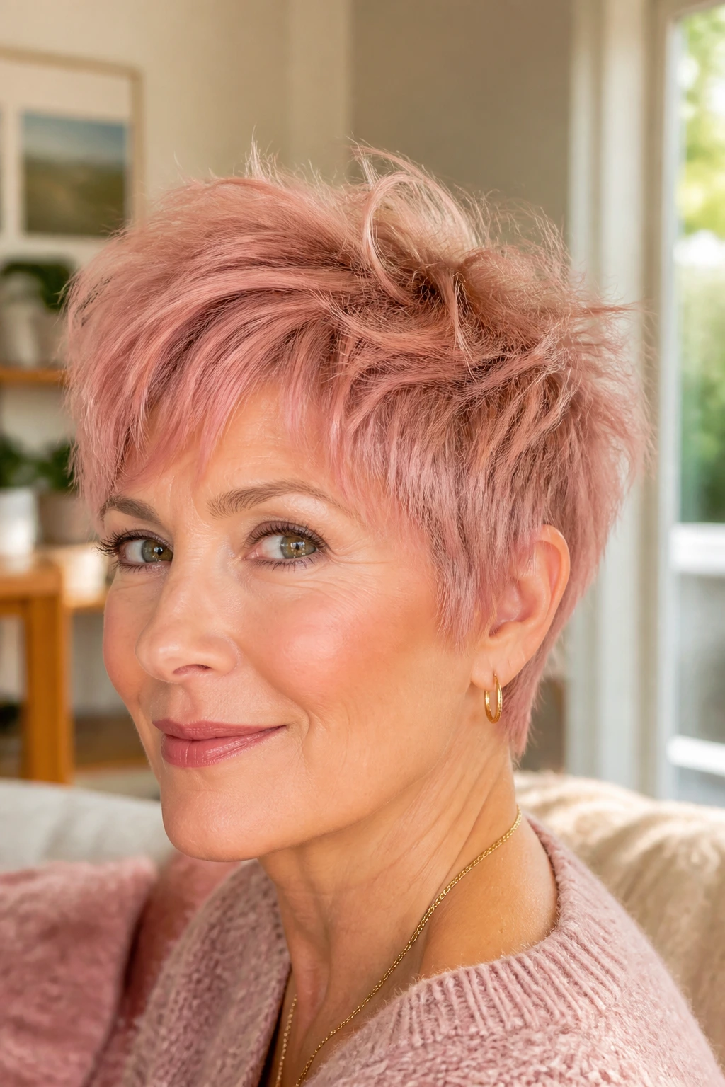 Close-up portrait of a real woman with a rose-ginger pixie and airy texture.