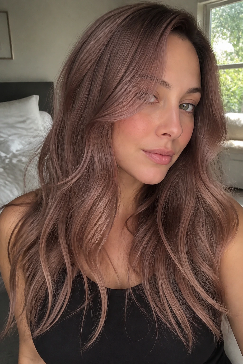 Real woman with soft rose gold glaze on ash brown hair