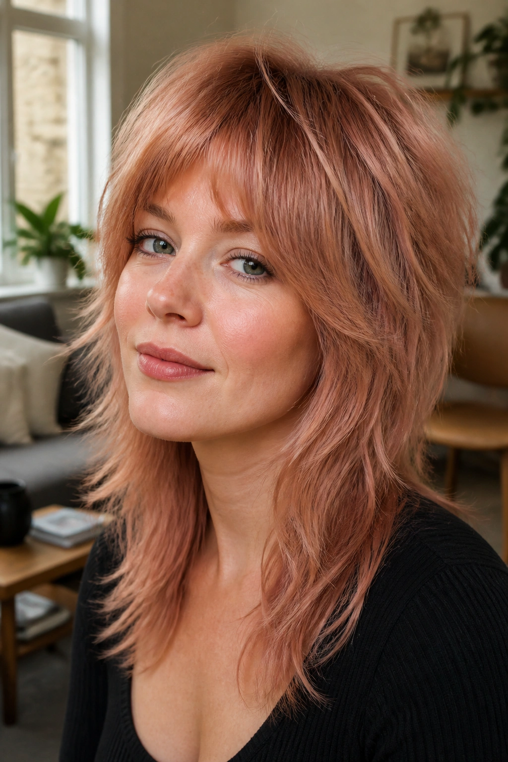 Rose gold auburn shag hairstyle on a real woman in a cozy room.