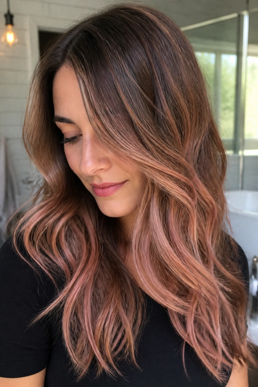 Close-up of brown hair with rose gold ribbon balayage on a real woman, warm light.