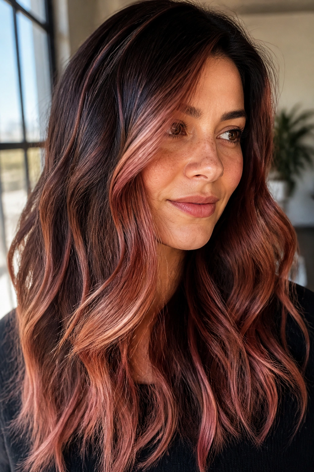Close-up portrait of a real woman with rose gold red balayage on brown hair