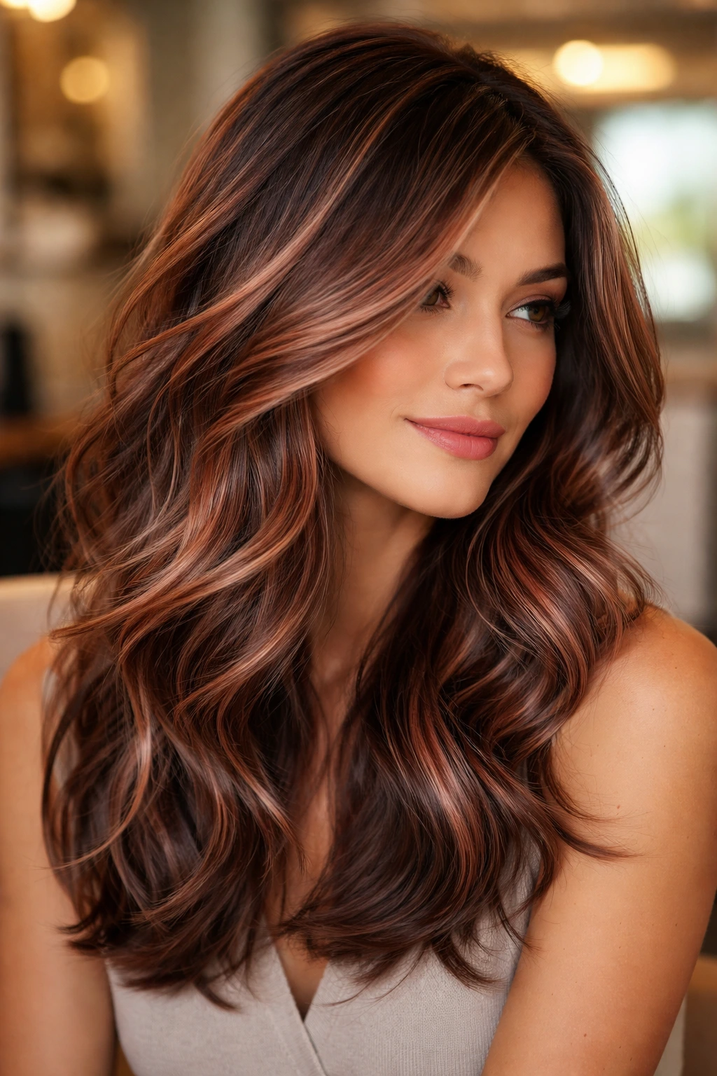 Layered brunette with rose gold balayage visible throughout the hair in a salon setting