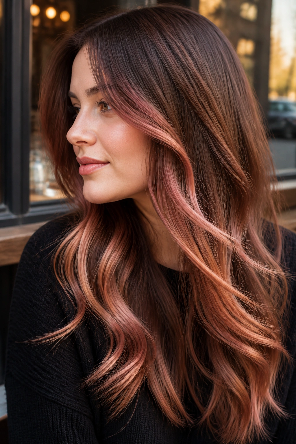 Close-up of chestnut brown hair with rose-gold balayage highlights around the face.