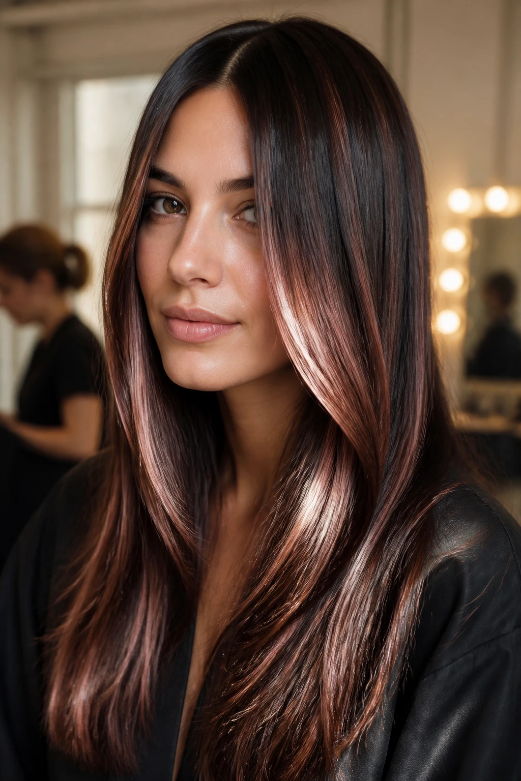 Close-up of a real woman with glossy espresso hair featuring metallic rose gold balayage ribbons catching light