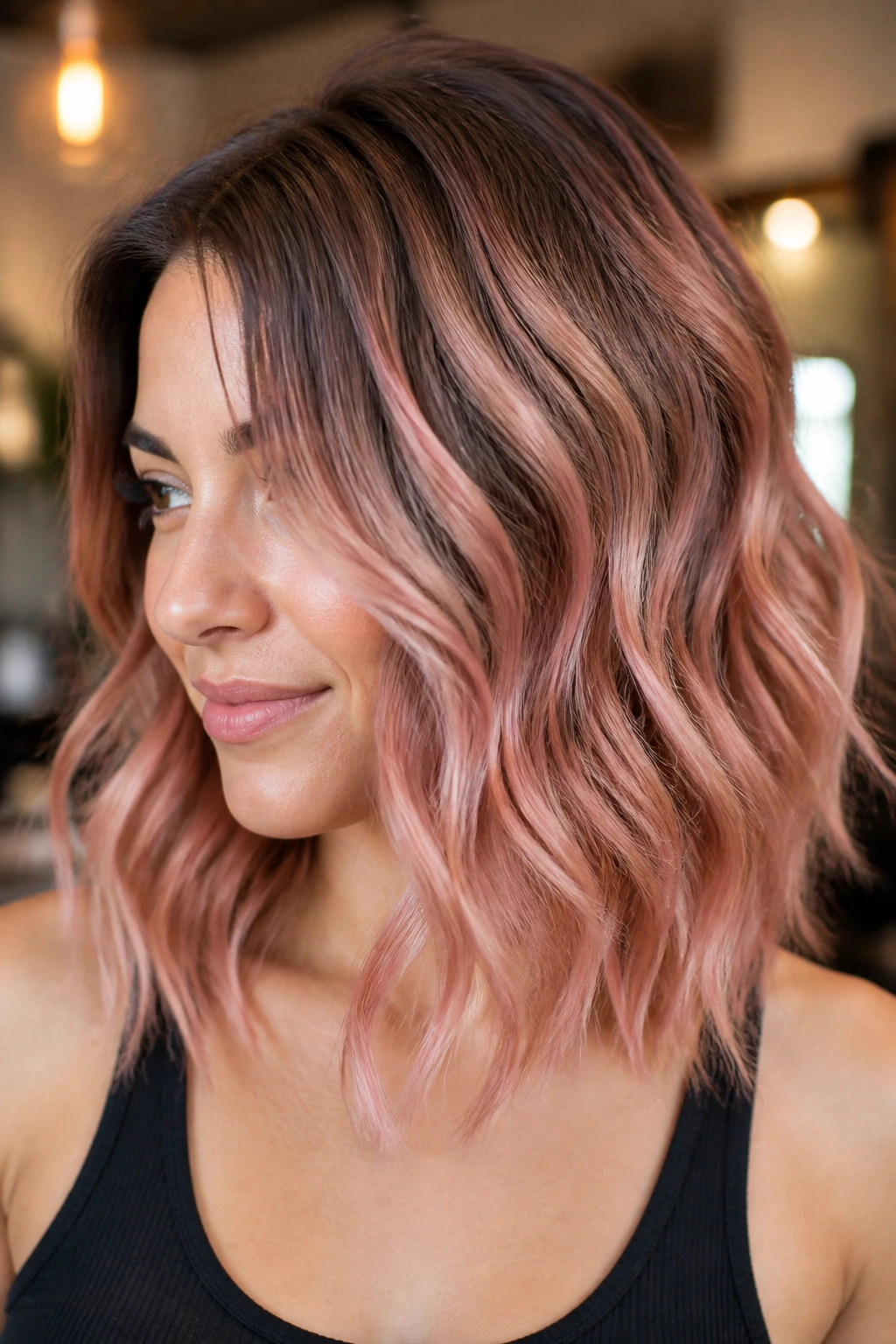 Close-up portrait of a real woman with rose-gold balayage on wavy hair
