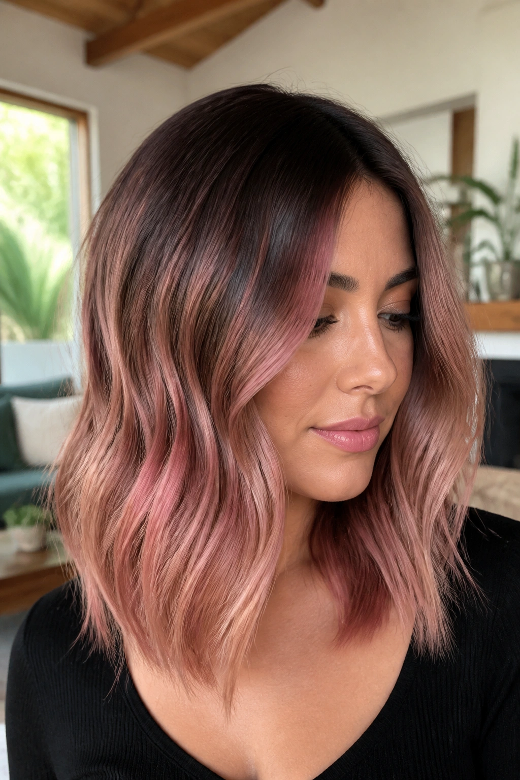Close-up portrait of a woman with rose gold balayage on a long bob, warm window light.
