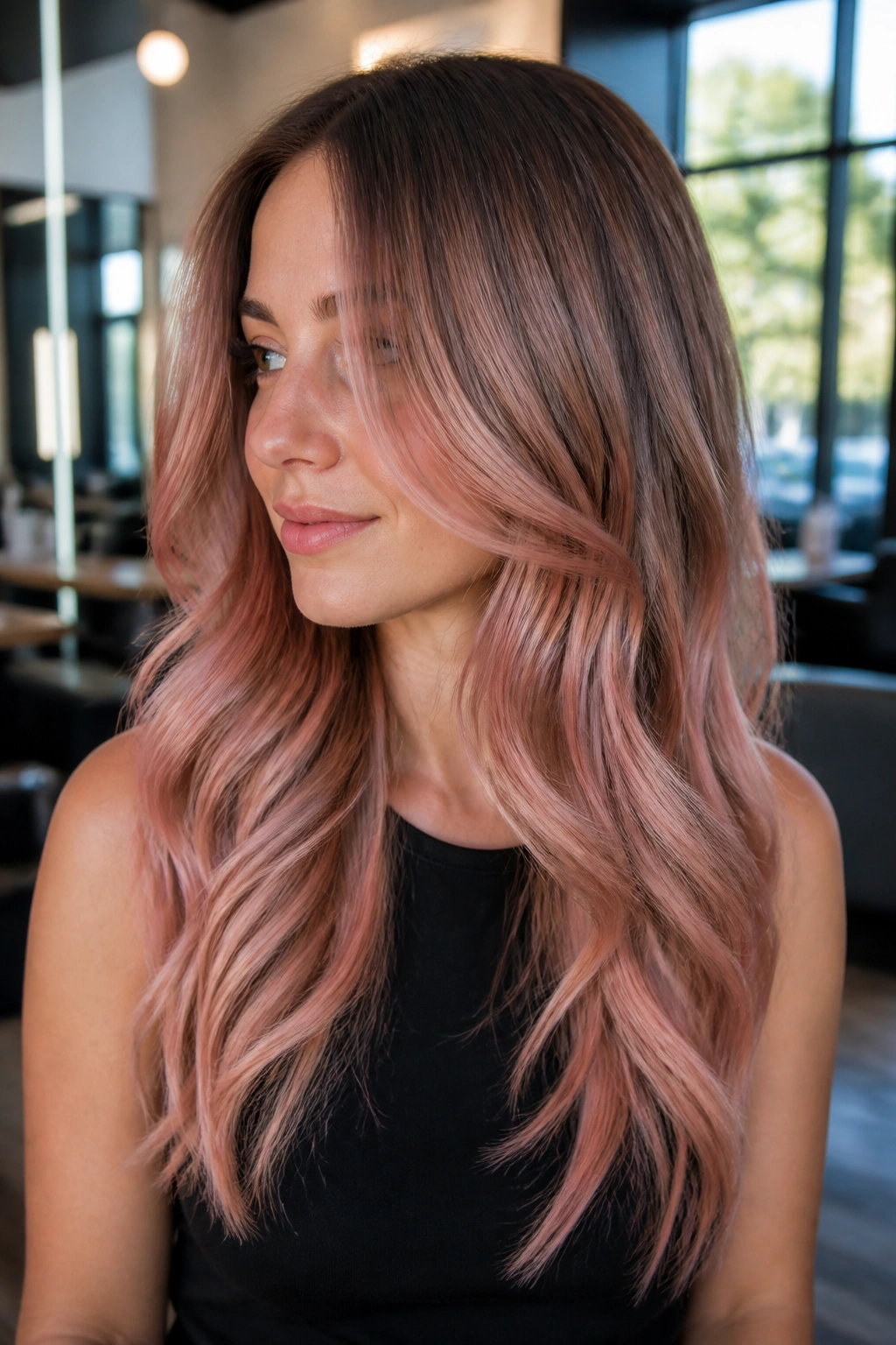 Rose gold balayage on long layers close-up portrait with temple-to-mid-length highlights