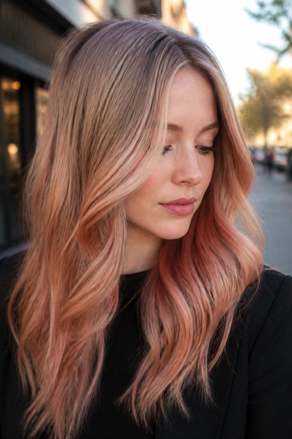 Close-up portrait of a real woman with rose gold beige melt hair