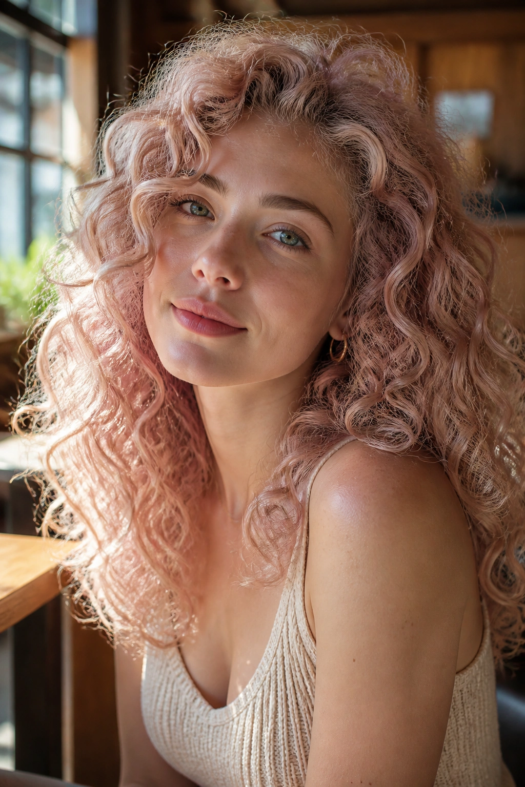 Close-up portrait of a real woman with rose-gold blonde and muted glow