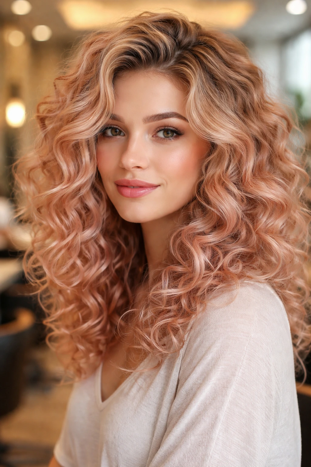 Close-up of rose-gold tinted curls on a real person in a softly lit salon