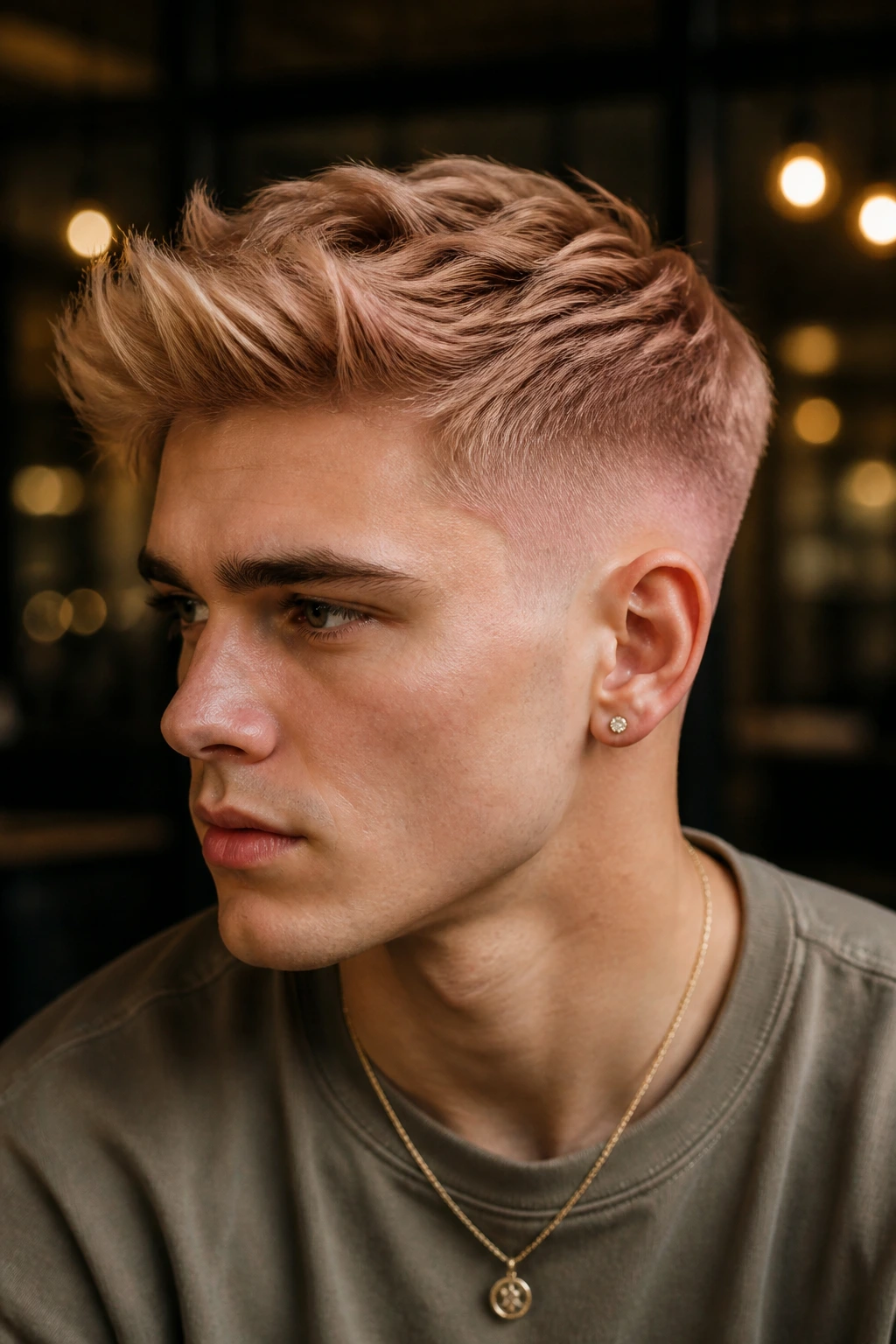 Close-up portrait of a man with rose gold blonde fade under warm indoor light