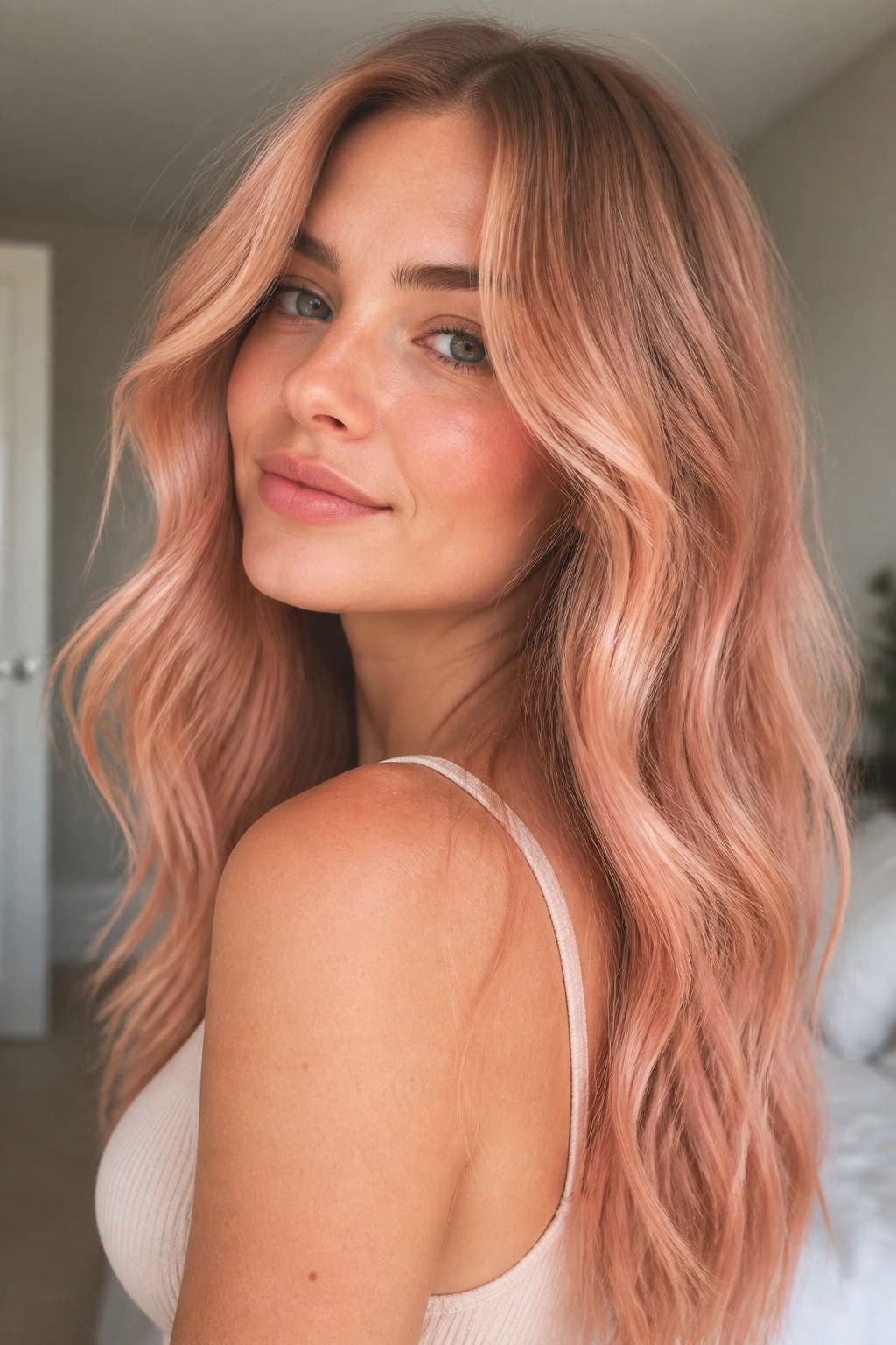 Close-up of a real person with rose gold blonde hair and blush tint in warm light.