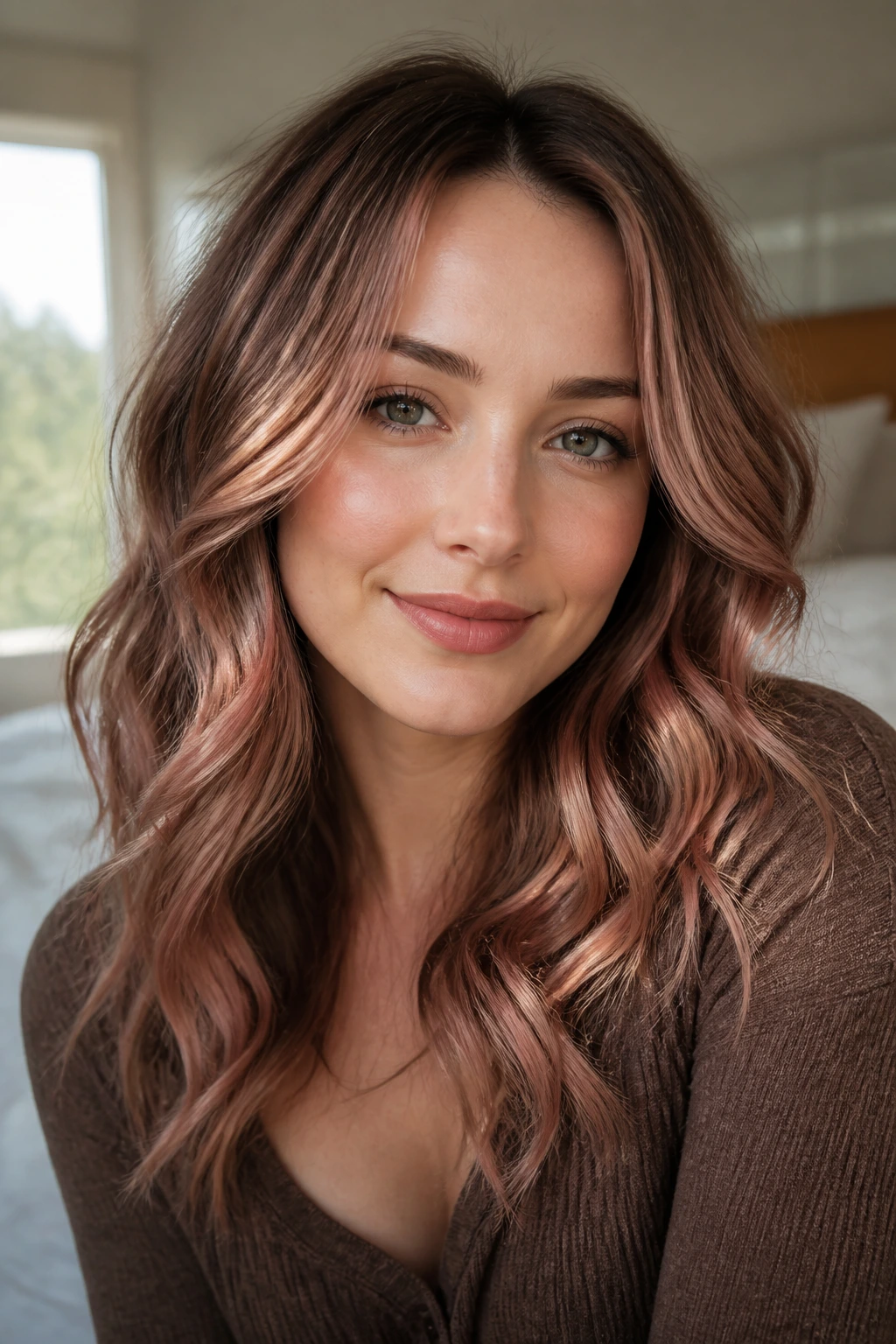 Close-up of a real woman with rose gold hair on a brown base