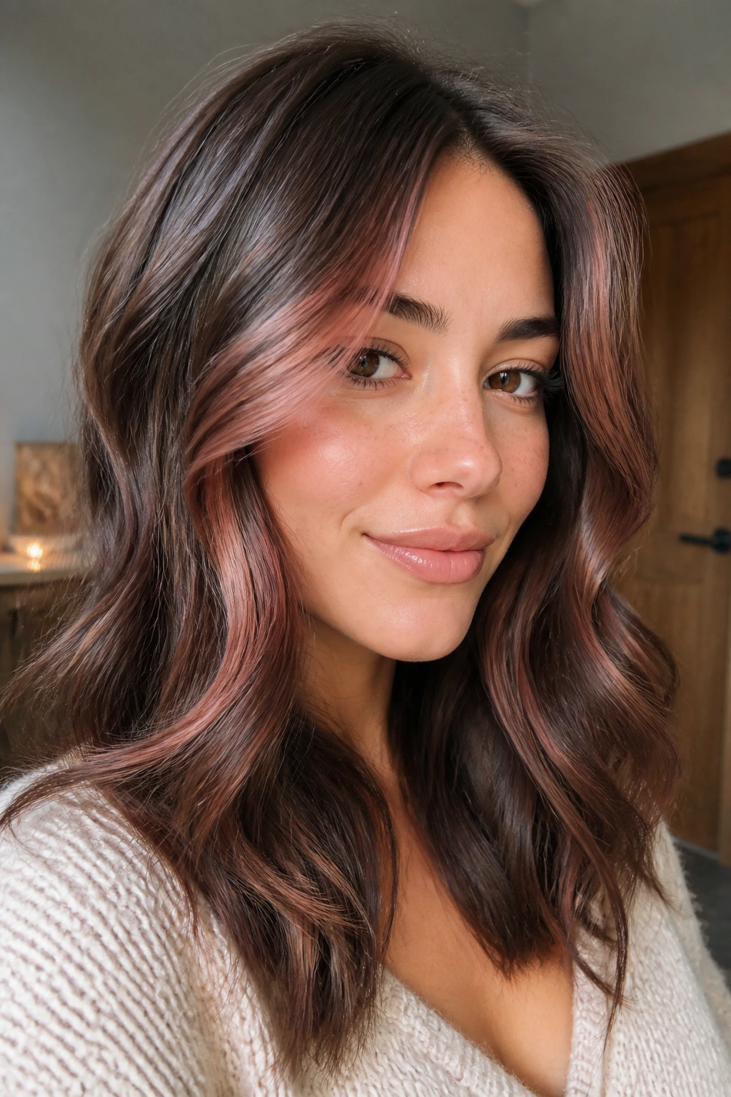 Rose-gold tint on brown hair framing the face in close-up