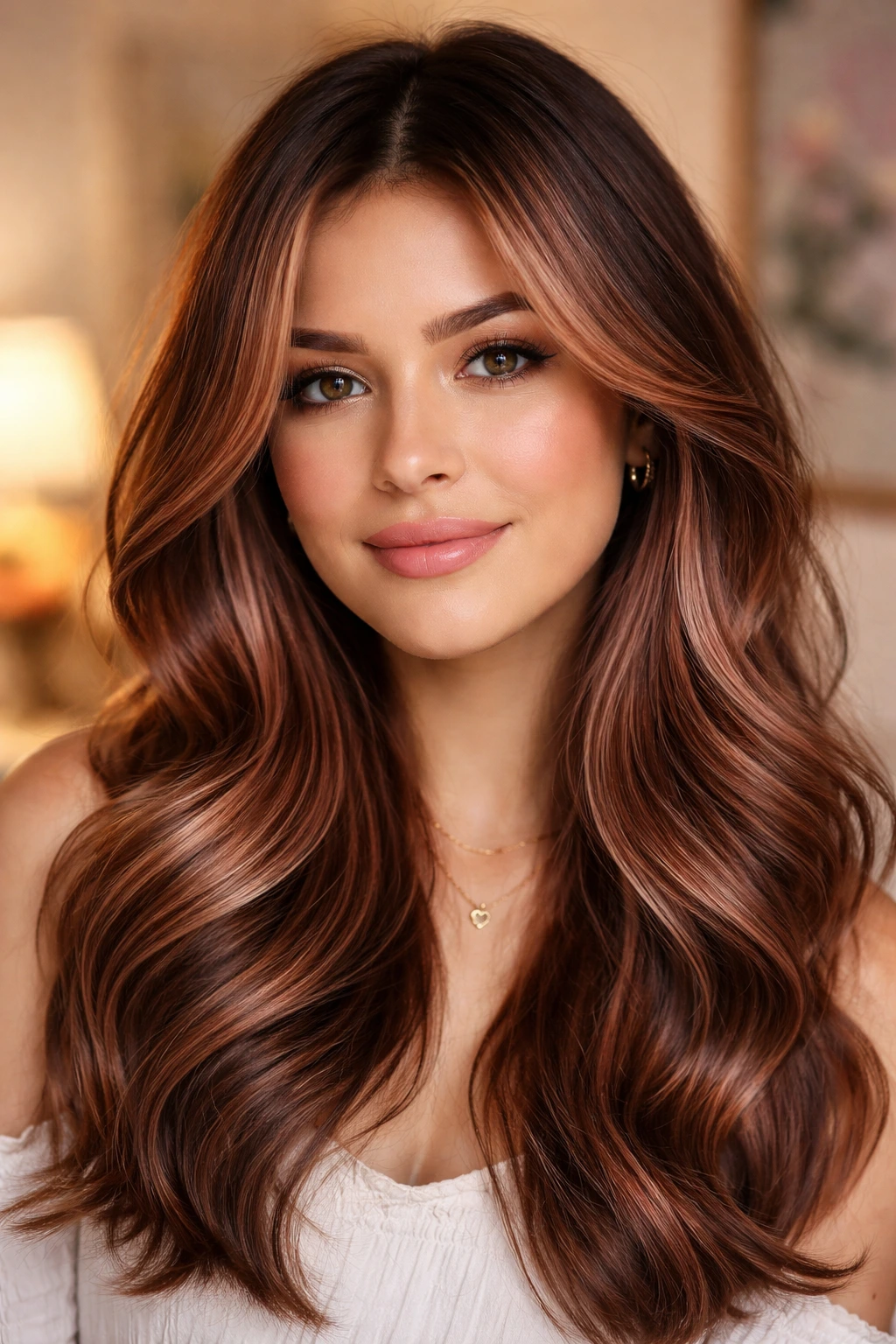 Close-up portrait of a real person with rose gold-brown highlights in hair under warm indoor light