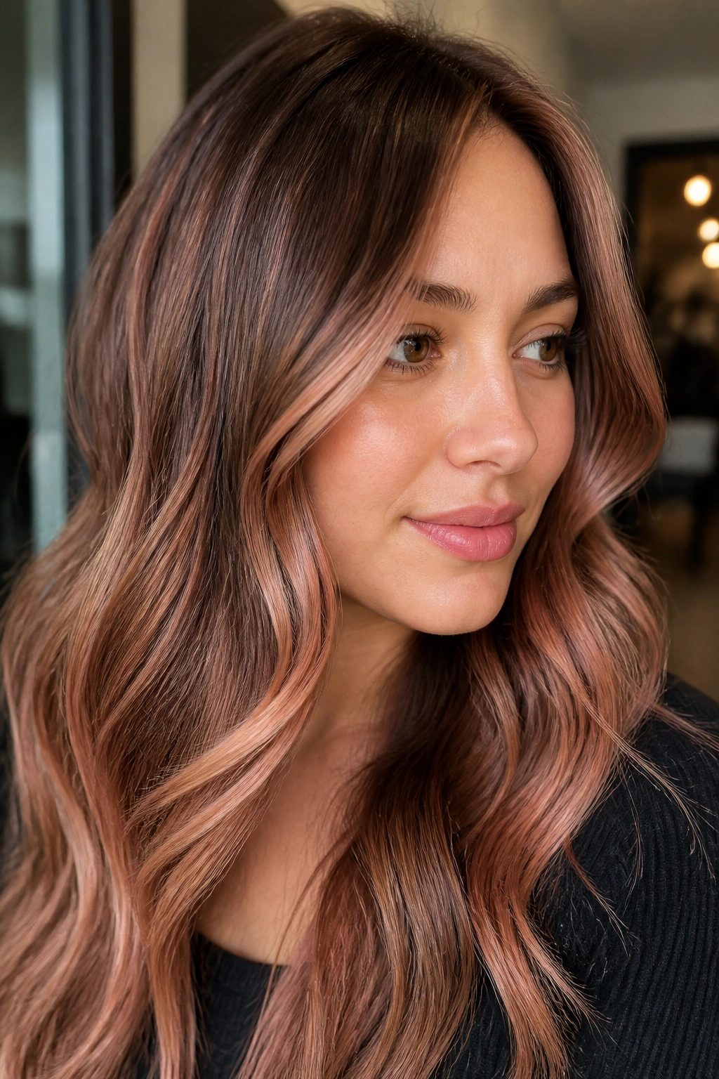 Close-up of chestnut brown hair with rose-gold highlights