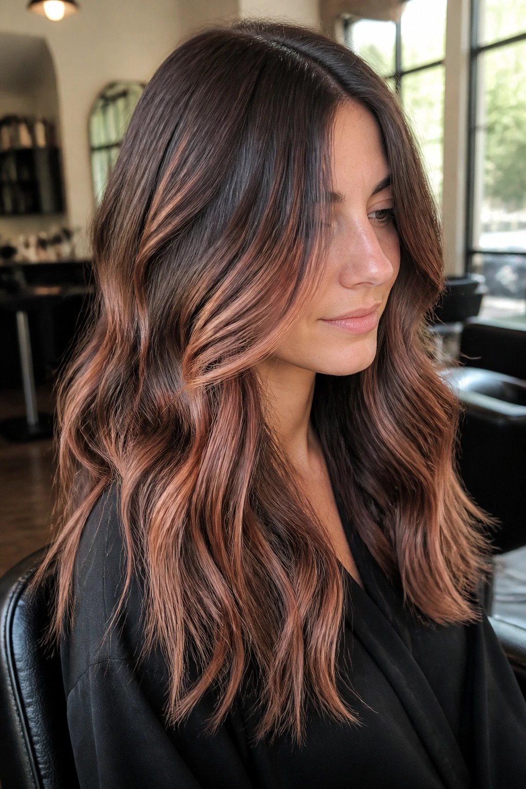 Close-up portrait of rose gold balayage on chestnut brown hair