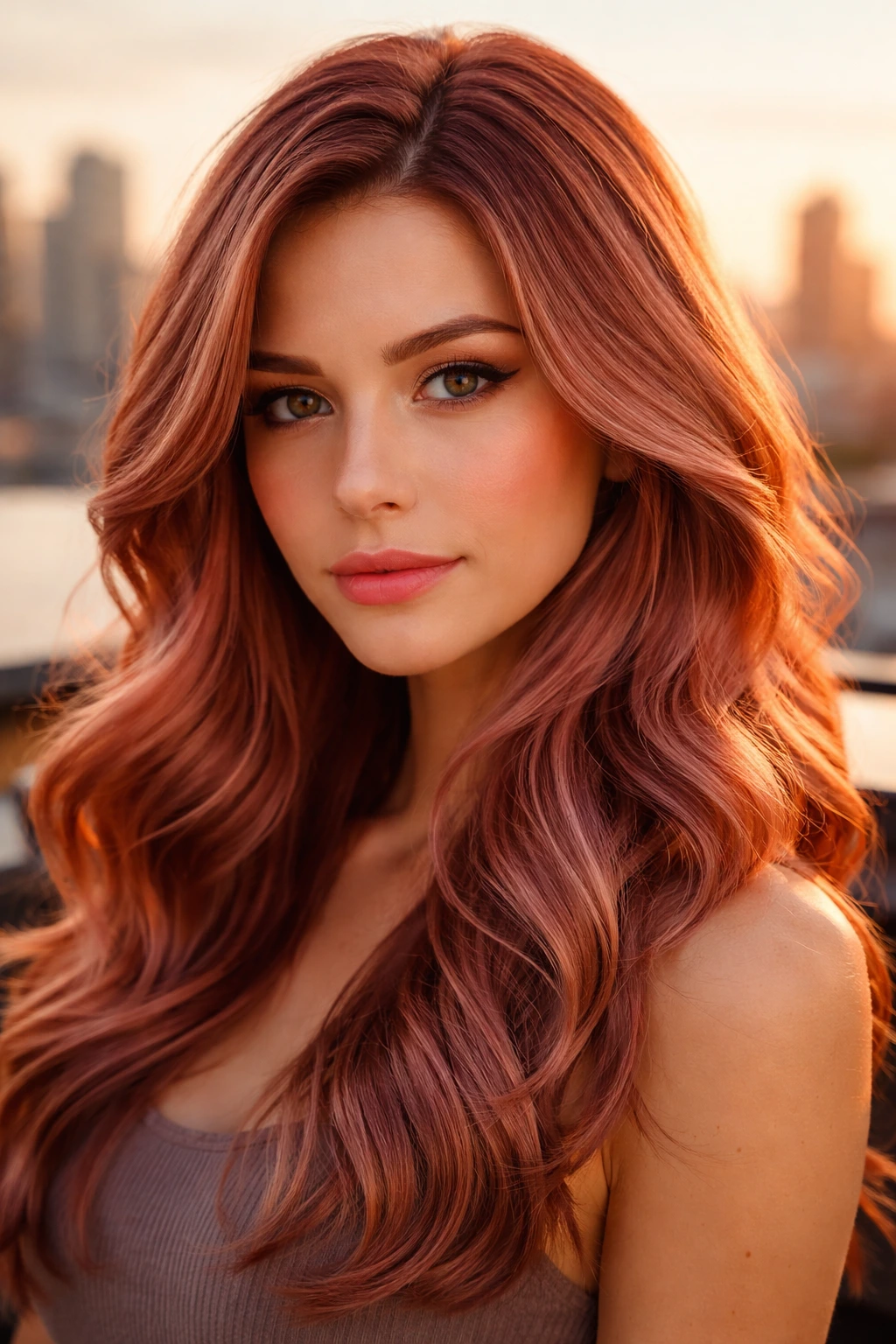 Close-up portrait of a real person with cinnamon rose gold hair in golden hour light