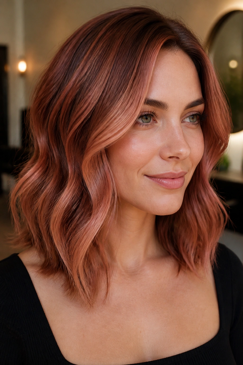 Close-up portrait of a real woman with rose-gold copper balayage in salon light