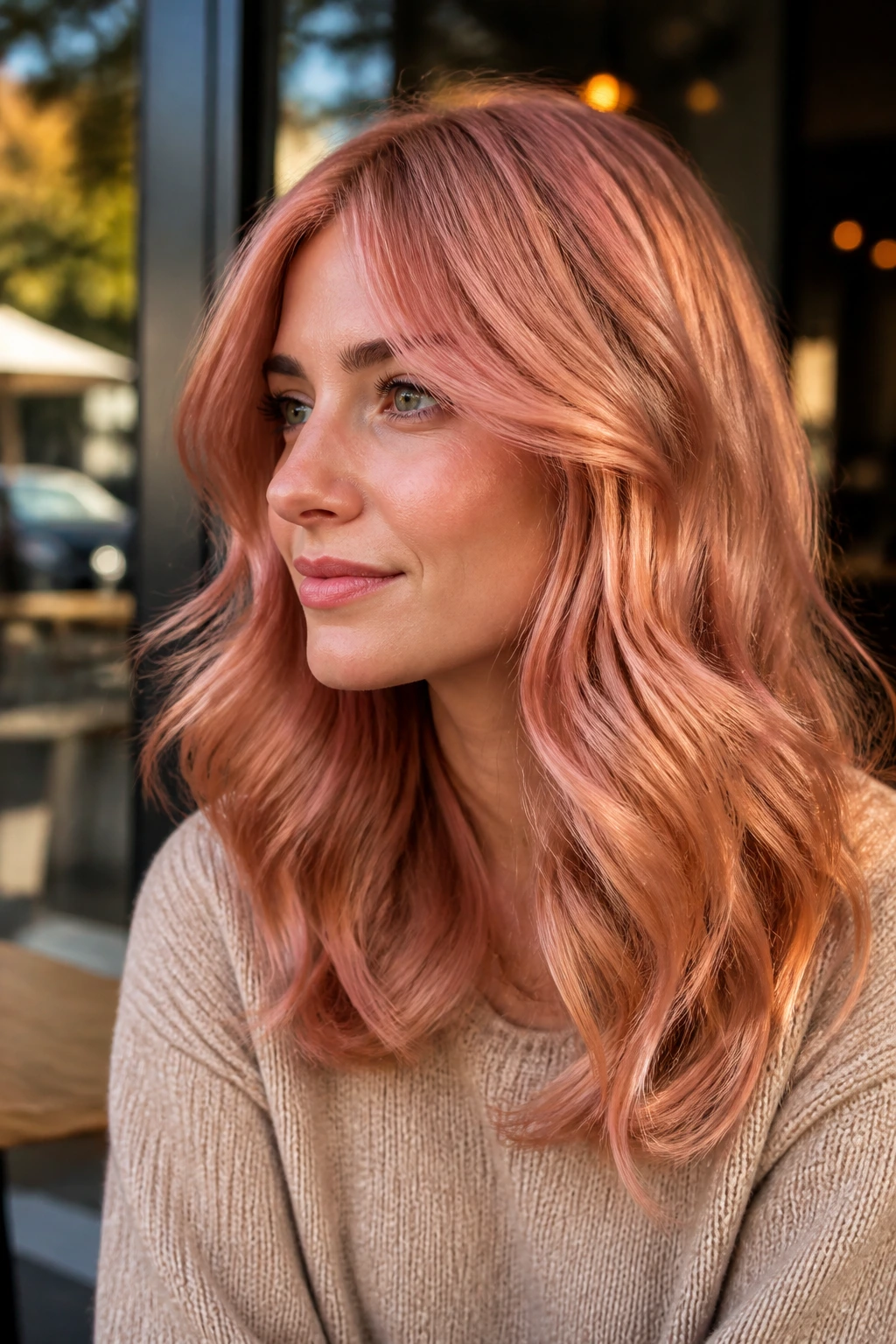 Close-up of a real woman with rose gold copper waves in sunlight