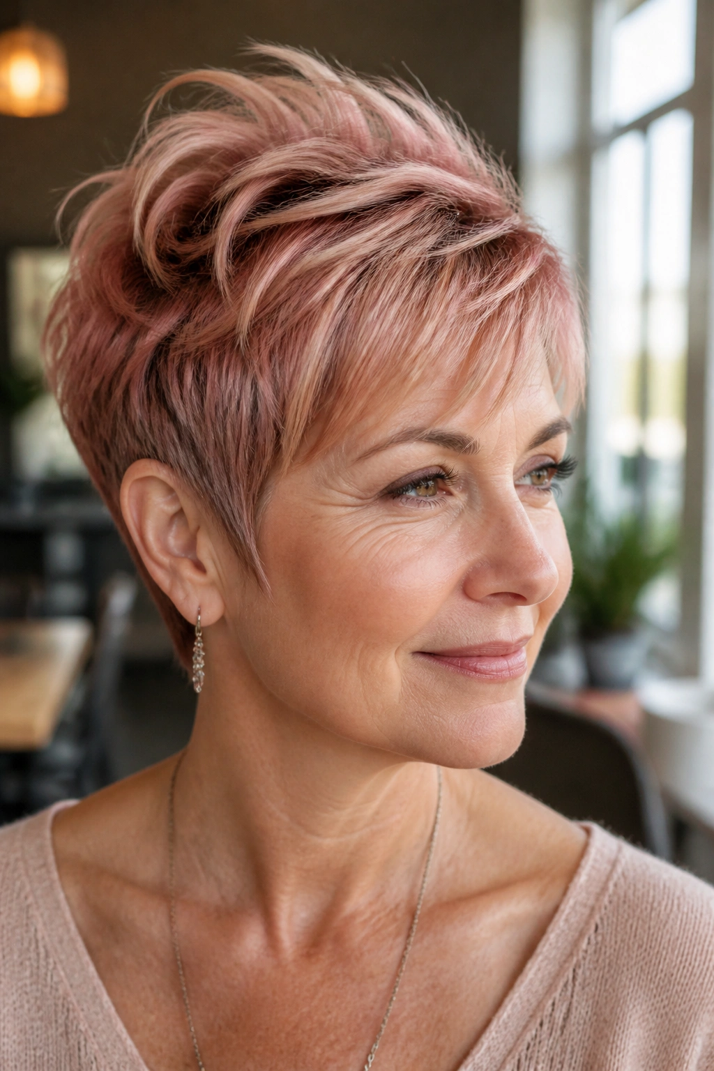 Close-up of a real person with a rose gold crown-lift pixie