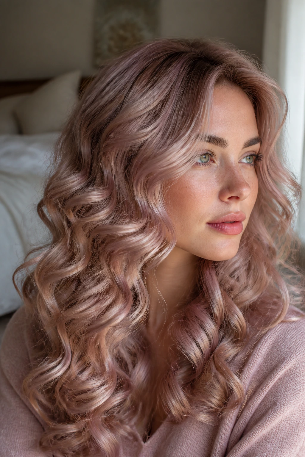 Close-up of a real woman with champagne rose gold curls by a window