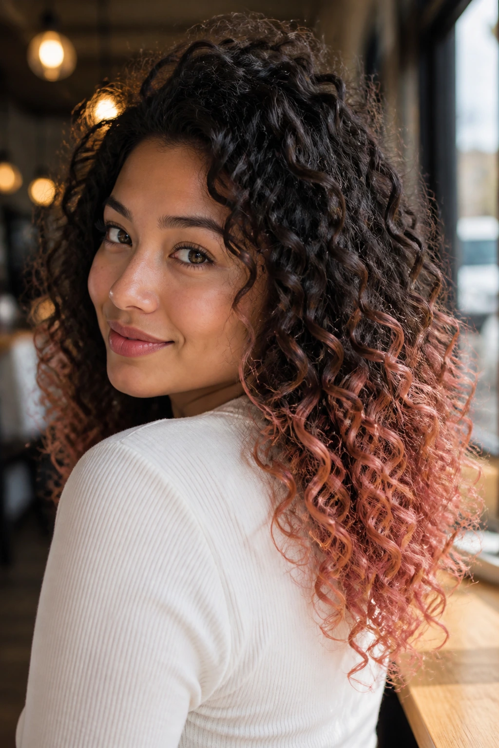 Close-up of a real woman with rose gold ends on the lower hair lengths