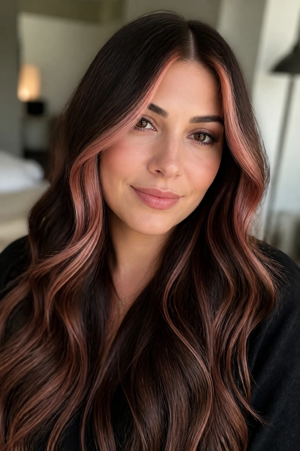 Close-up portrait of a real woman with rose gold face-frame hair.