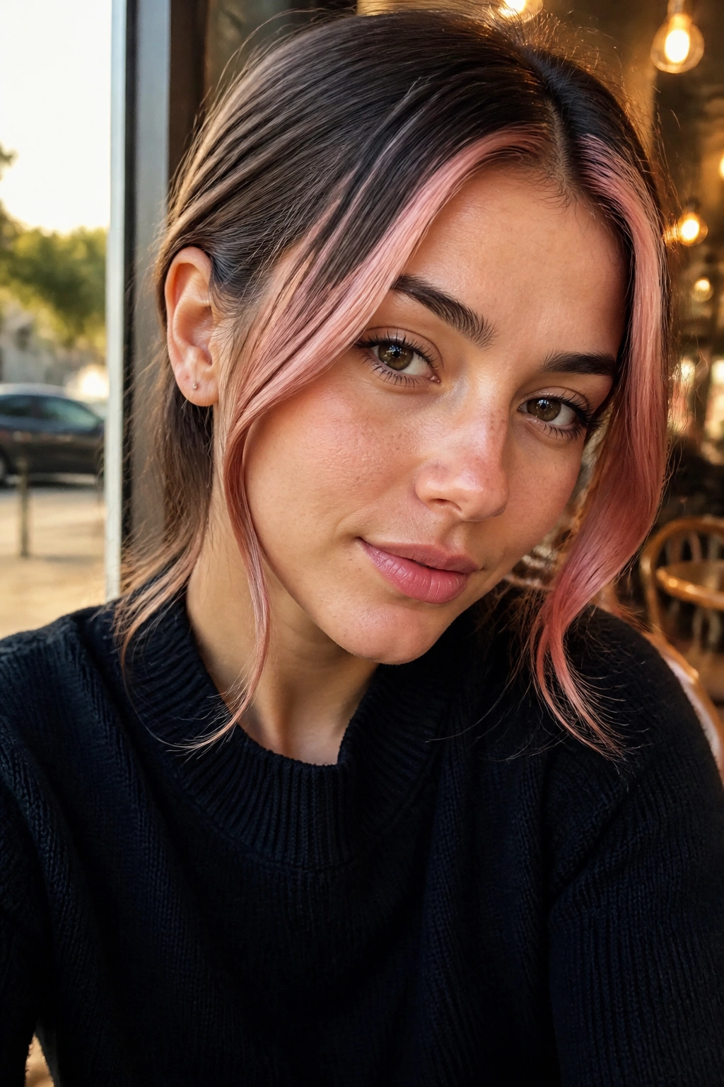 Close-up of a real woman with rose-gold face-framing balayage around the temples on brown hair