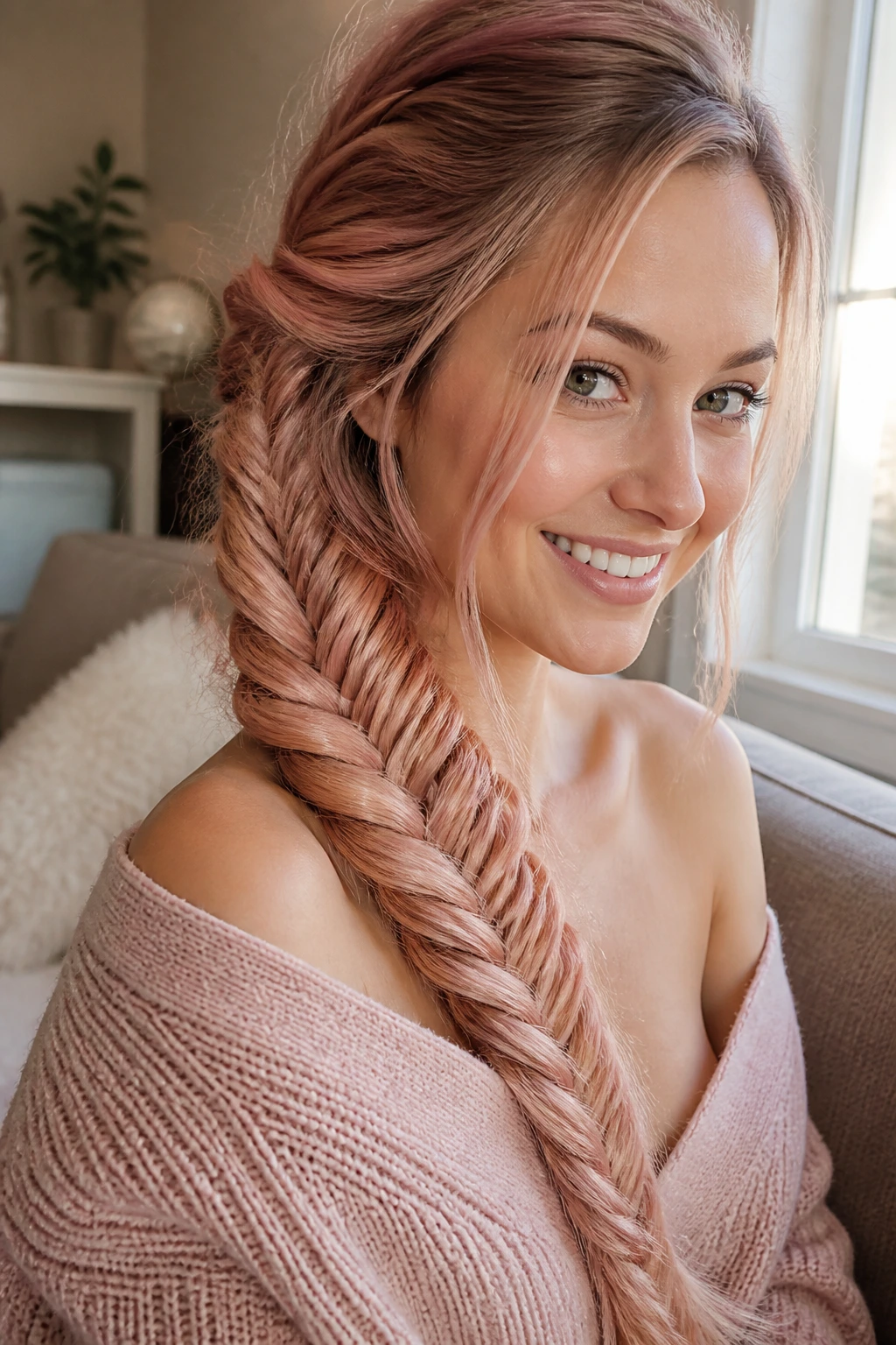 Close-up of a real woman with a rose-gold fishtail braid over the shoulder