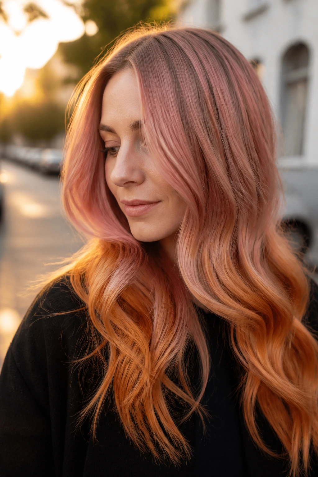 Close-up of rose gold to ginger ombre on long wavy hair