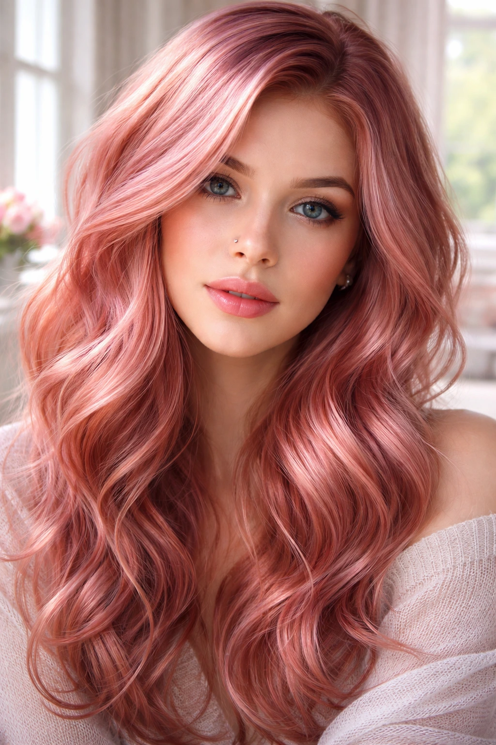 Close-up portrait with pink-violet rose gold ginger hair