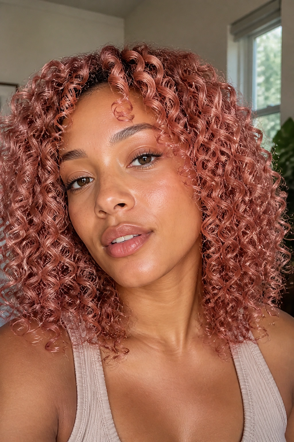 Close-up of a real person with rose gold ginger coils