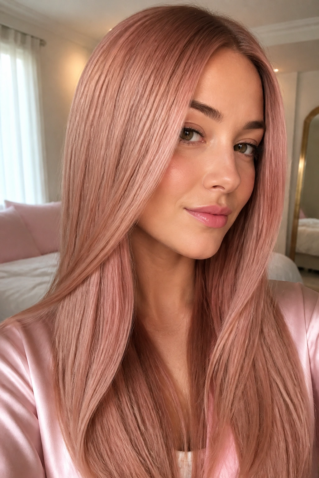 Close-up portrait of a real woman with rose gold gloss straight hair in soft pink light