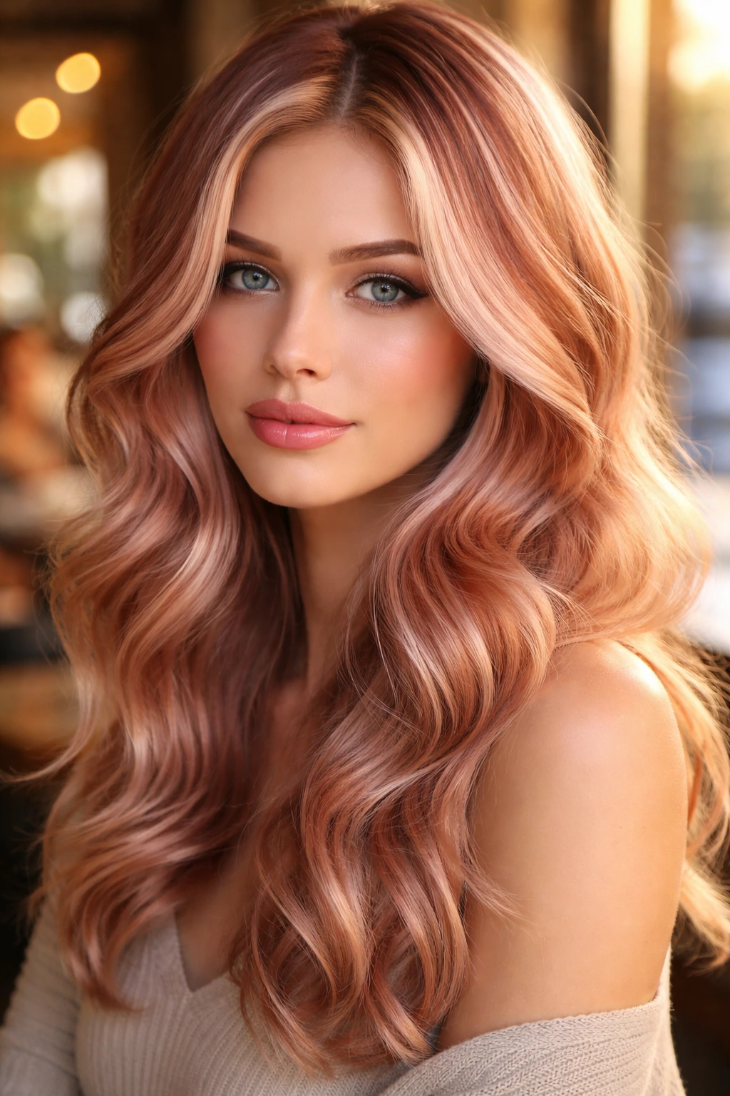 Close up of a real person with rose gold hair and pink copper highlights under warm light.