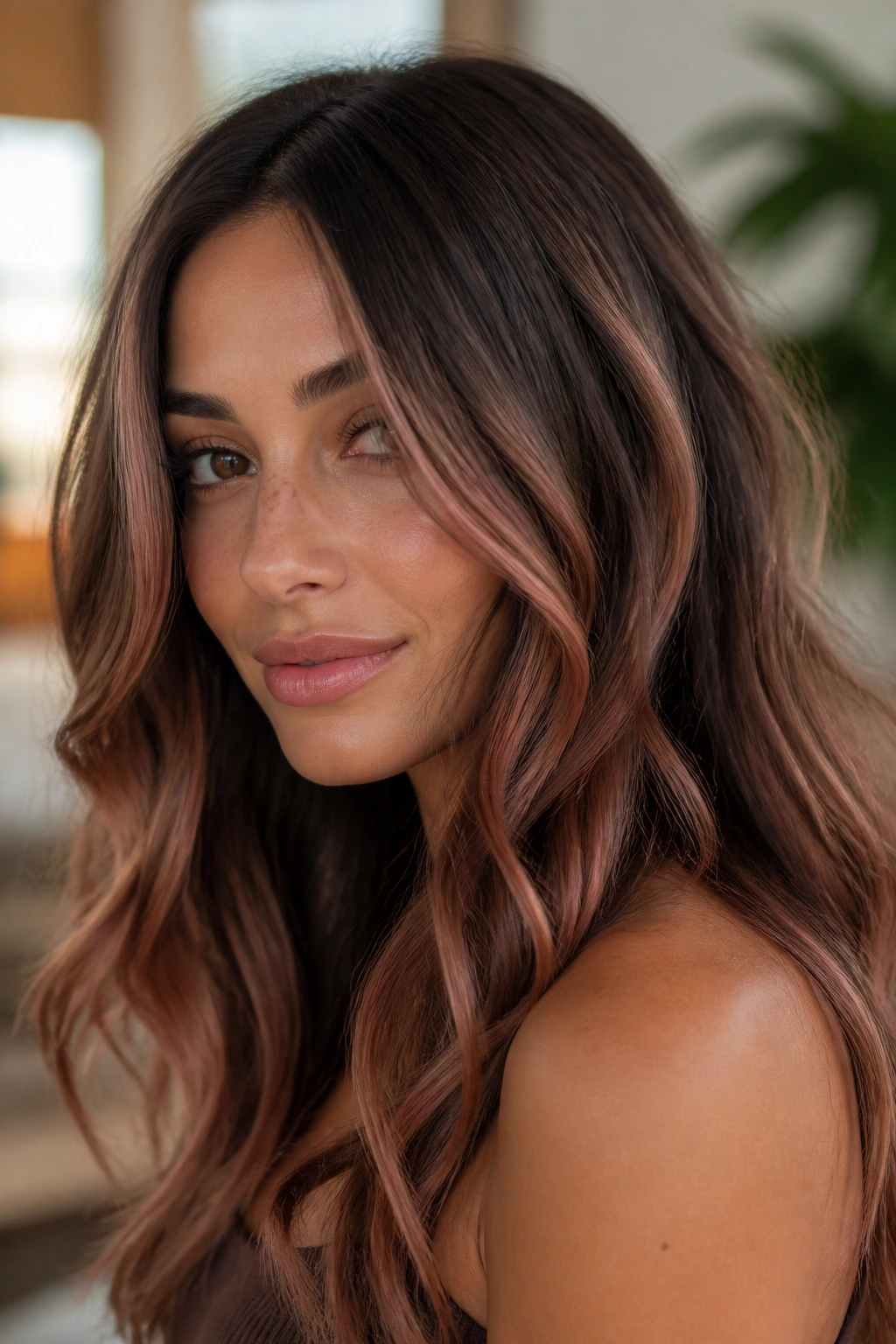 Close-up of brunette with rose gold highlights on brown hair under warm window light